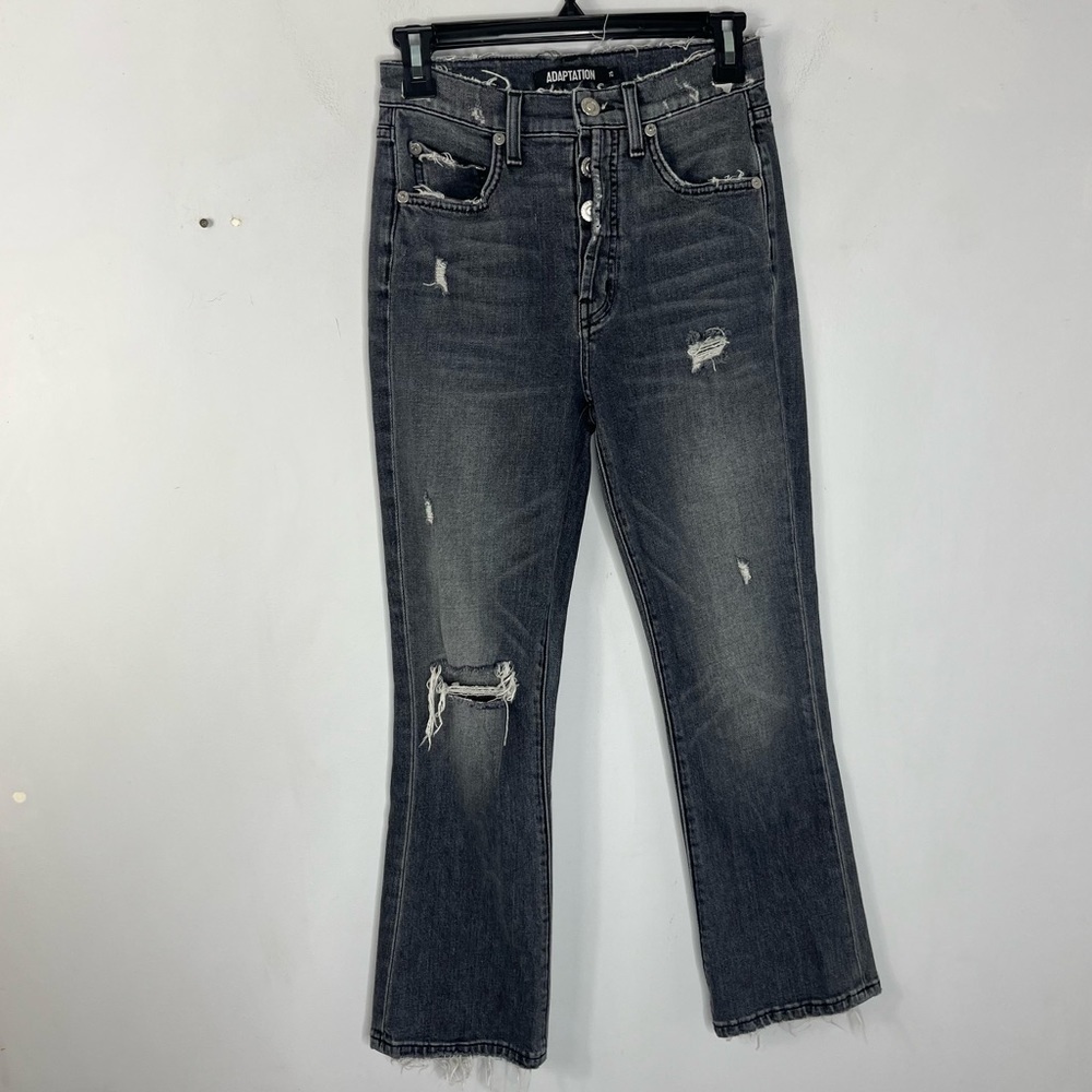 Adaptation Size 25 Women's Crop Kick Flare Off Black Distressed Button Fly Jeans